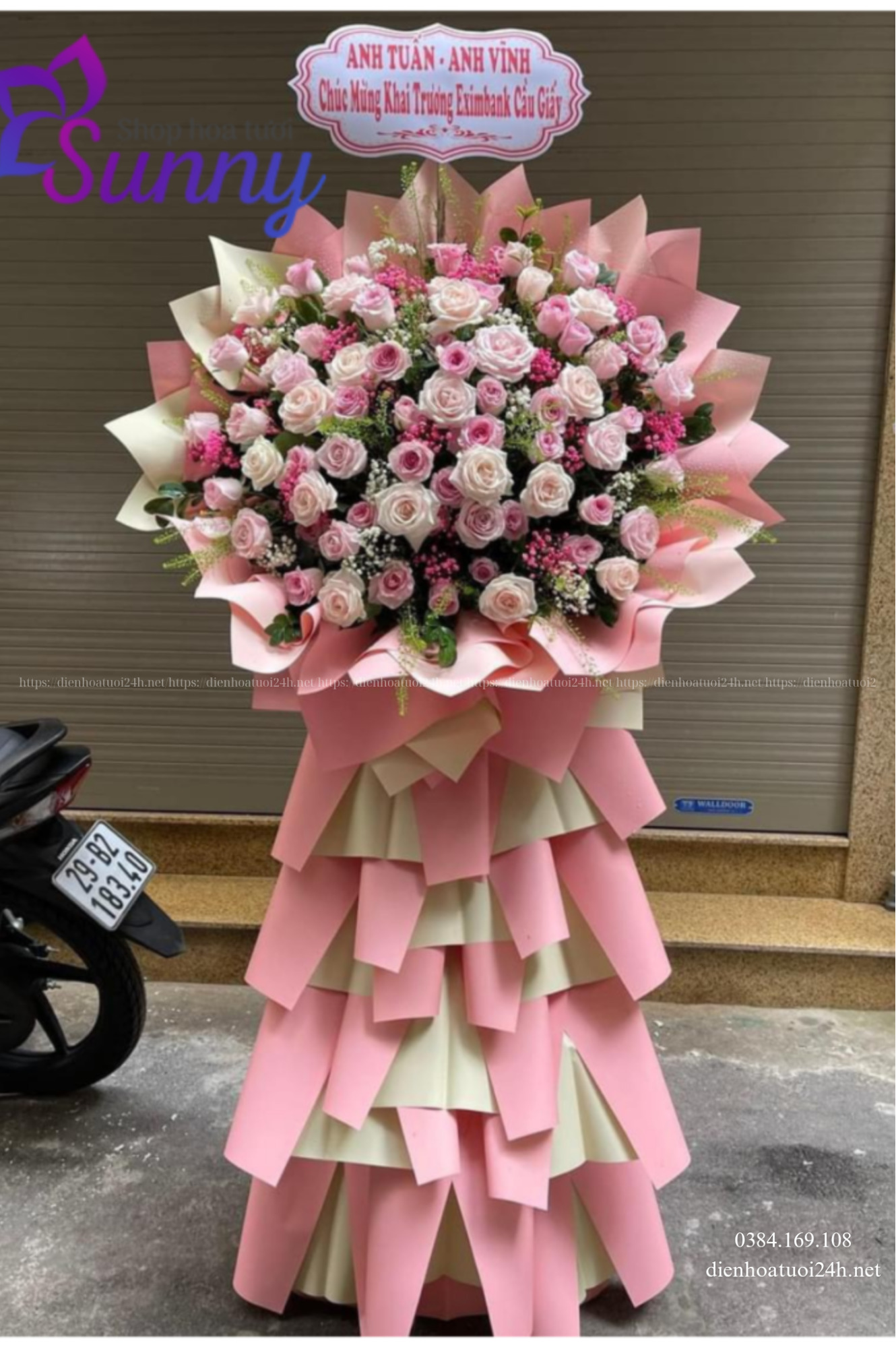 Mẫu hoa trắng hồng chúc mừng khai trương